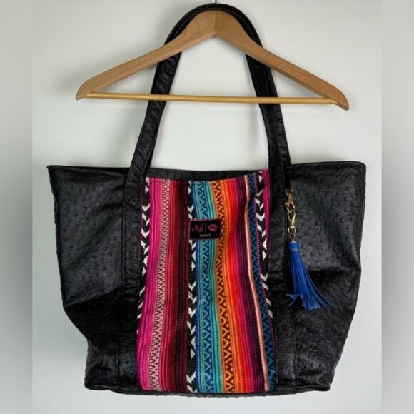 MAKEUP JUNKIE Black Pebbled Leather w/Colorful Serape Panel &Tassel Tote Purse